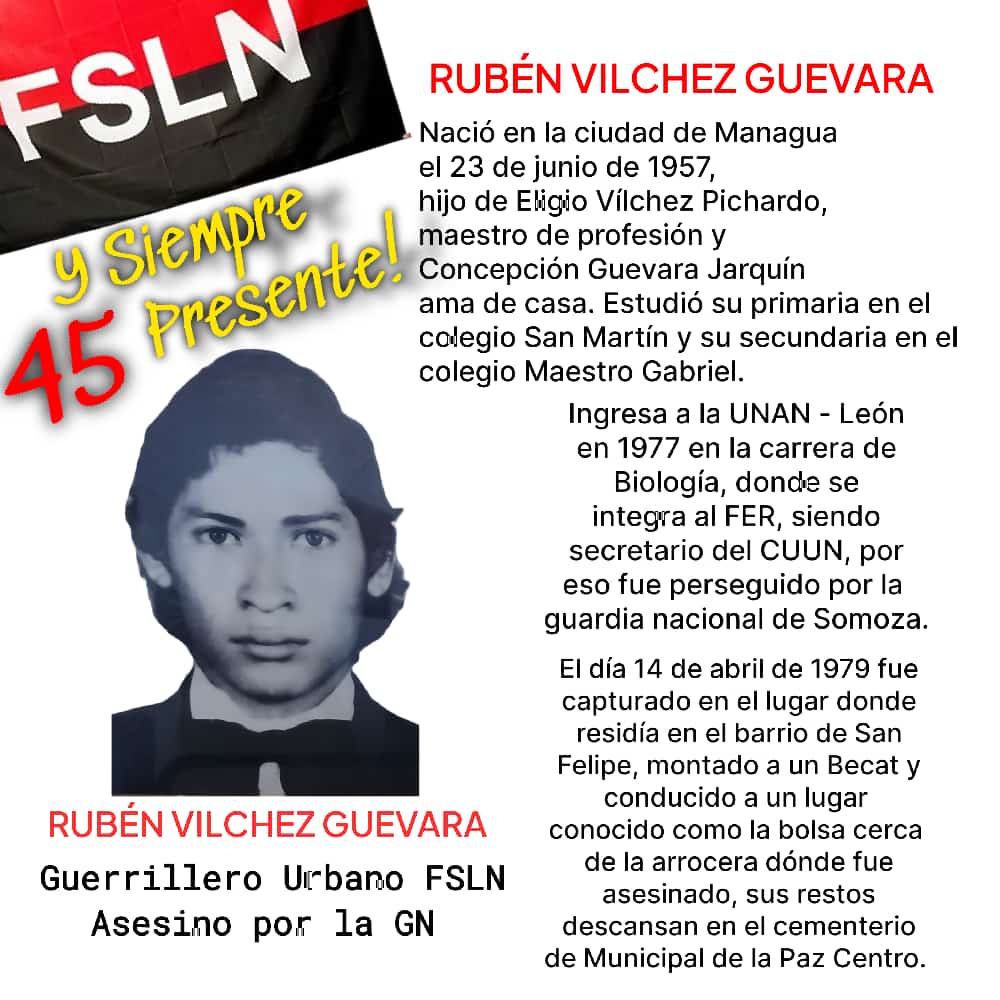 Cro Ruben Vilchez Guevara hace 45 años pasaste a otro plano de vida, el plano de los heroes que hicieron posible el ideal de Sandino, Diriangen, Zeledon, Carlos #4519LaPatriaLaRevolución #PLOMO19 @Agaton79 @jguevaraNic @mijamart88