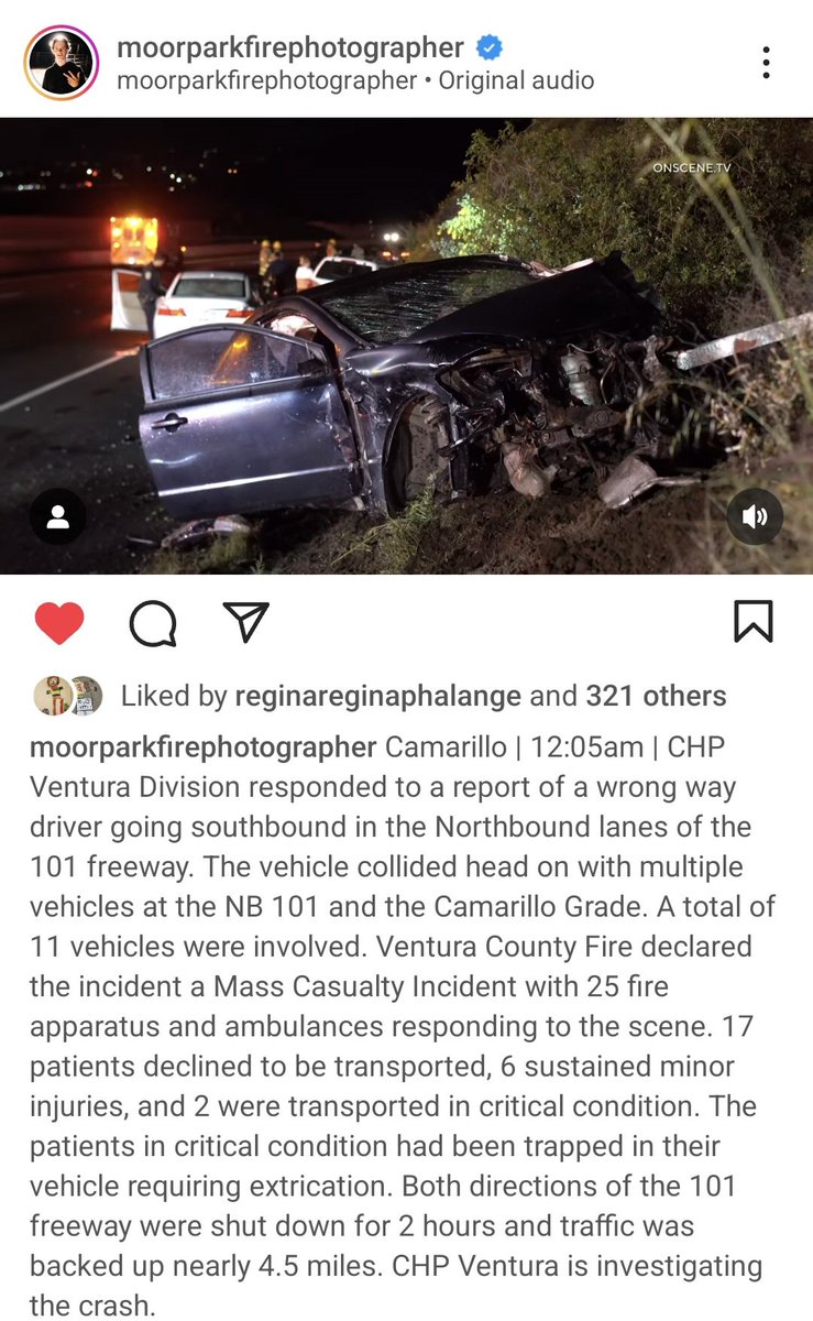 Major car incident in Camarillo last night. Wrong-way driver on the Conejo Grade/NB 101. 11 vehicles involved. Two people in critical condition. From @MoorparkMichael on his Instagram account @ moorparkfirephotographer @CamarilloAcorn @ZiaZografos