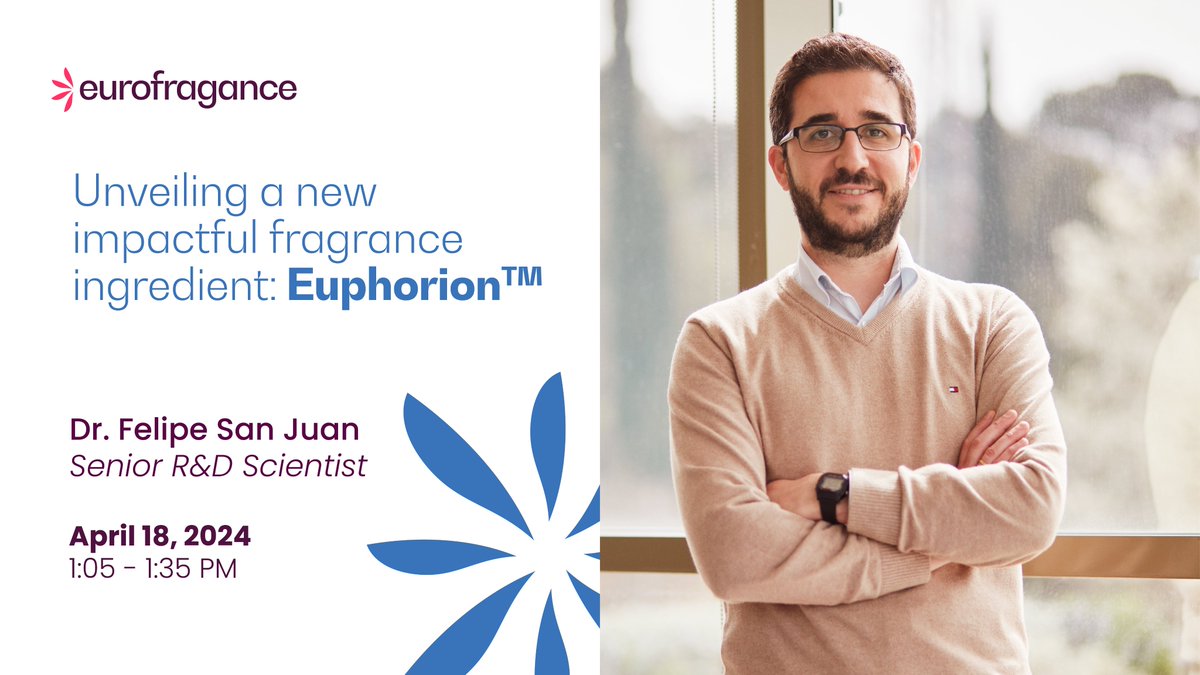 Eurofragance Senior R&D Scientist Dr. Felipe San Juan will introduce Euphorion™, our first synthetic captive at @incosmetics in Paris (April 16 – 18, 2024). This high efficiency ingredient boosts freshness in #fragrance creations like none other.

#incosglobal