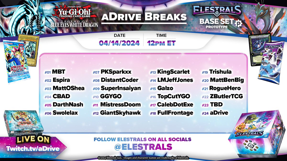 GET IN HERE!! Incredibly excited to be joining @aDrive_tK and the @Elestrals team for a Legend of Blue-Eyes and Elestrals Prototype Box Break event! Come chill out with some of your favorites as well twitch.tv/adrive