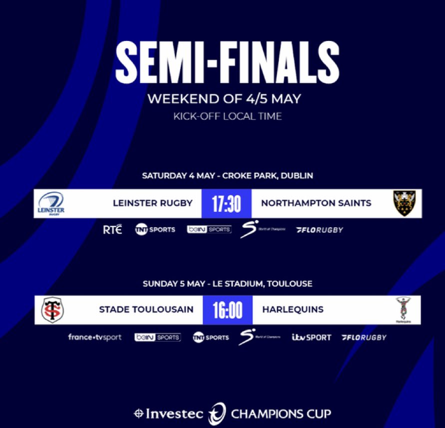 The Semi-finals are 𝗦𝗘𝗧 🔥 #InvestecChampionsCup | @ChampionsCup