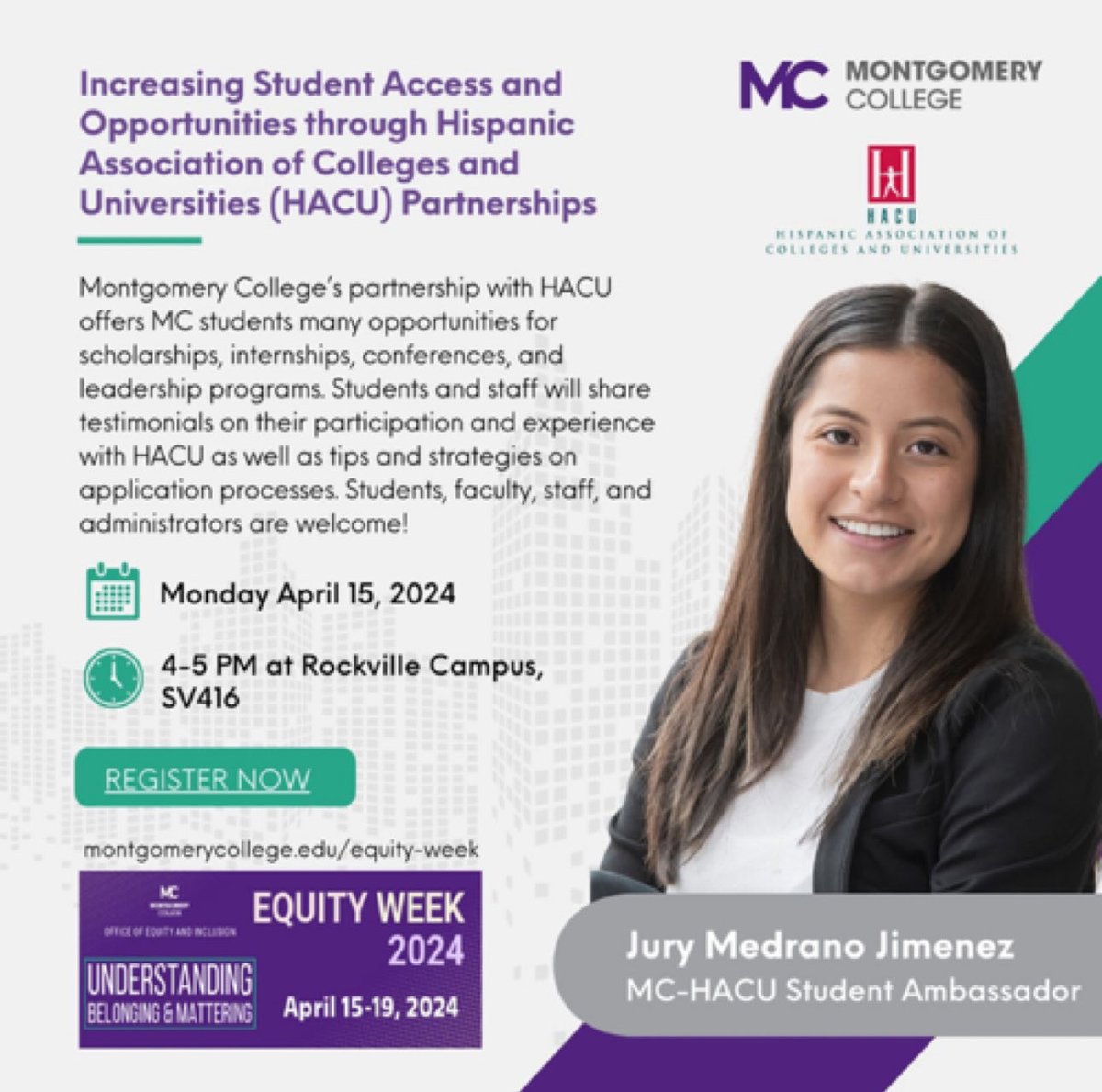 Join us & learn about ⁦@HNIP⁩ scholarship & internship opportunities. Register here: lnkd.in/eeh2Nrh2 ⁦@montgomerycoll⁩ #equityweek #youbelonghere
