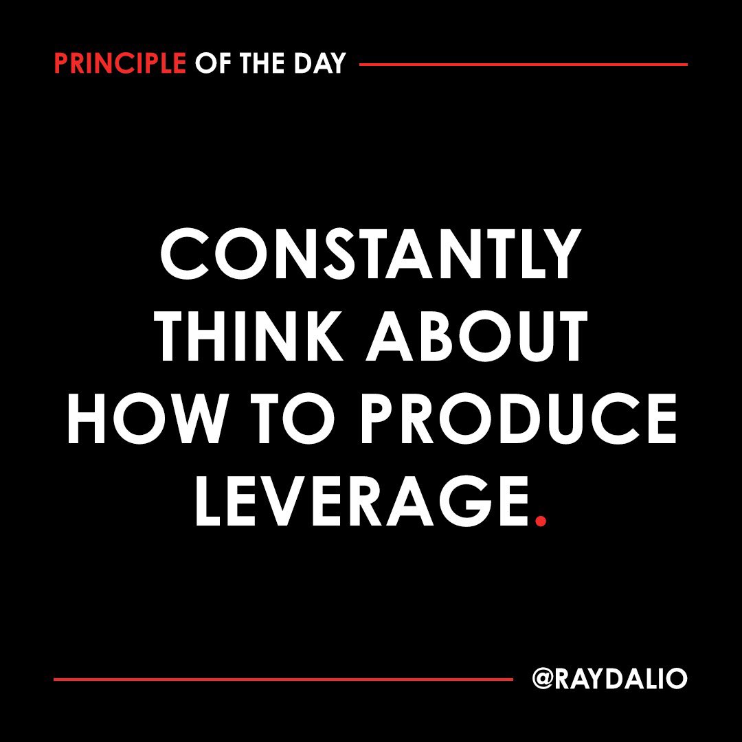 RayDalio's tweet photo. Leverage in an organization is not unlike leverage in the markets; you're looking for ways to achieve more with less. I am always eager to find people who can do things nearly as well as (and ideally better than) I can so that I can maximize my output per hour.

Technology is another great tool for providing leverage. To make training as easy to leverage as possible, document the most common questions and answers through audio, video, or written guidelines, and then assign someone to organize them and incorporate them into a manual, which is updated on a regular basis.

Principles themselves are a form of leverage--they're a way to compound your understanding of situations so that you don't need to exert the same effort each time you encounter a problem. #principleoftheday
