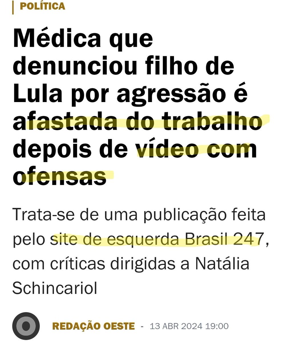 De uma só vez, temos a tal violência de gênero, violência política e perseguição profissional.
Mas como o caso é do fio do Lula, a esquerda e seus asseclas...🤫🤫🤫

Agora faça um teste, e imaginem se fosse filho do Bolsonaro...💥💣🤬

São hipócritas!