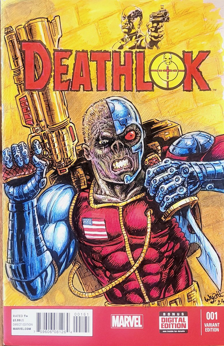 Deathlok sketch on blank variant comic cover.

 Painted/tinted with Derwent soluble graphite and watercolor.

#swyattart #deathlok #marvel #sketchcover #sketchcoverart #blankcomiccover #sketch #blanksketchcover #marvel #derwent