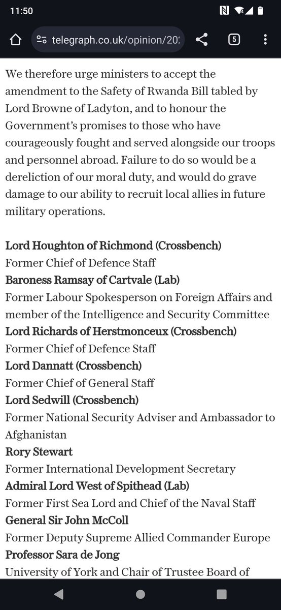 Letter in Sunday @Telegraph today urging ministers to exempt Afghans who supported @BritishArmy & UK mission from deportation to #Rwanda, co-signed by us, @RoryStewartUK @ashalexcooper #LordDannatt #LordSedwill & other military heavyweights telegraph.co.uk/opinion/2024/0…