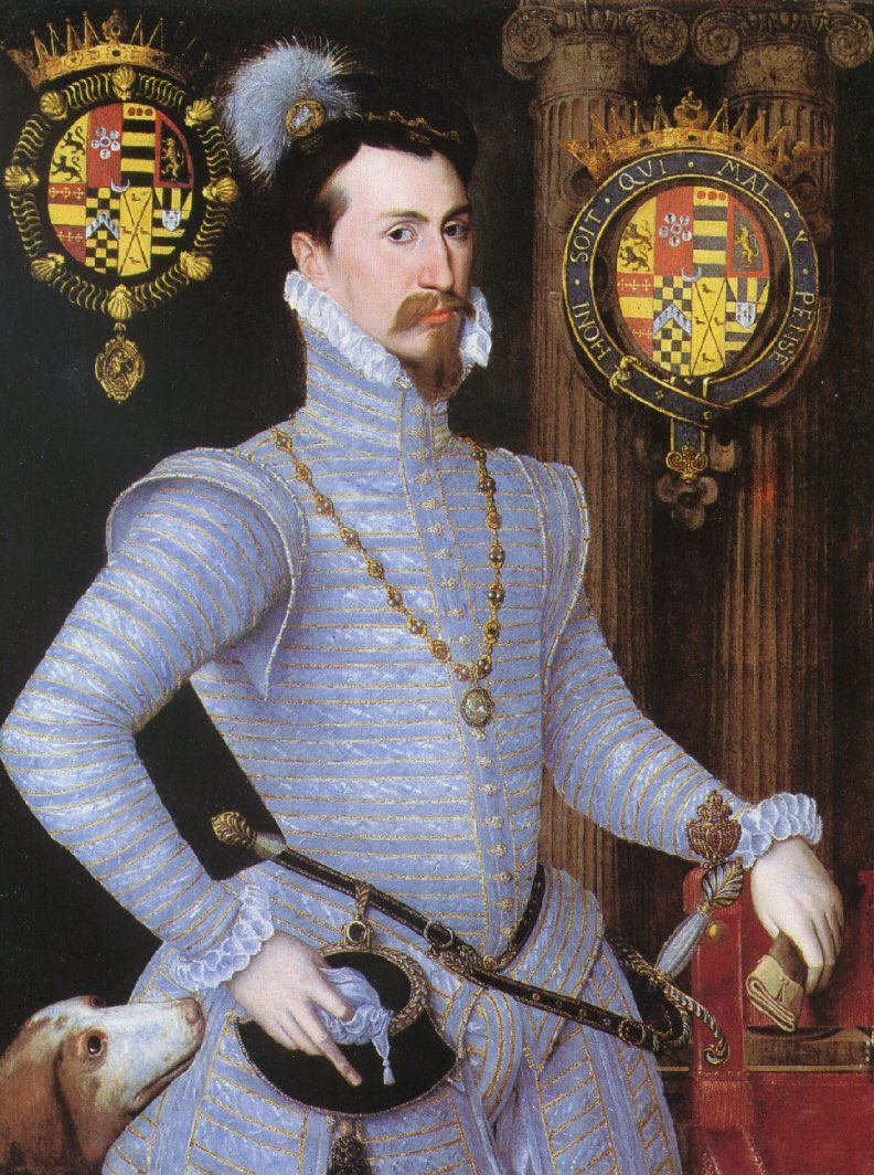 Historical hottie du jour: Robert Dudley, Earl of Leicester, showing off his incredibly sharp white outfit (& v. nice dog) in 1564. No wonder Elizabeth fell for him! Painted by Steven van der Meulen, whose day is today.