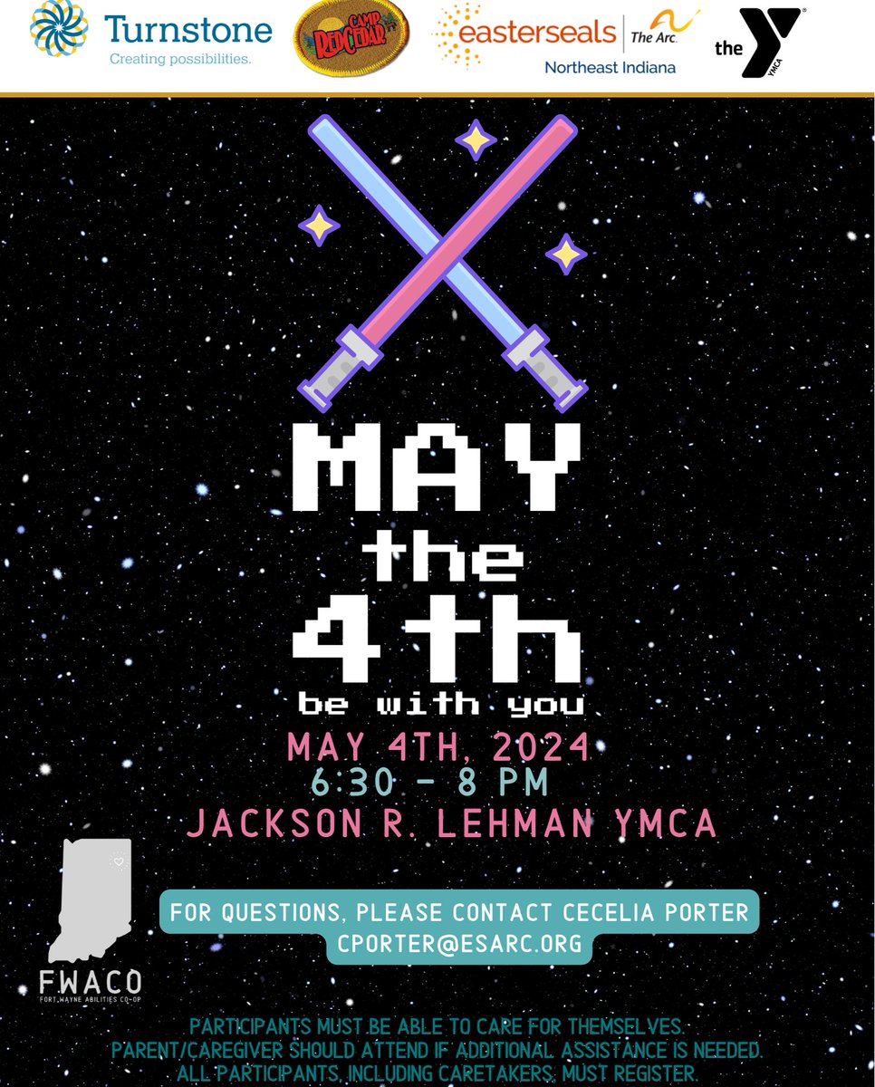Turnstone and FWACO are hosting a May the Fourth Be With You social on May 4 from 6:30-8 PM at Jackson R. Leighman Family YMCA. Learn more and RSVP by April 29:
turnstone.org/sports-rec/fwa…