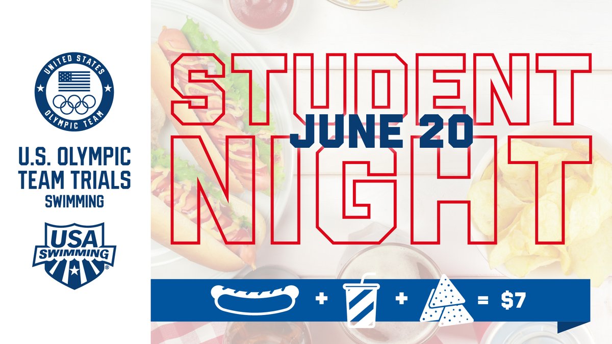 Calling all students!! June 20 at #SwimTrials24 is student night, which offers a discounted food and drink package to students in attendance.

🎟️: usaswimming.org/TrialsTickets