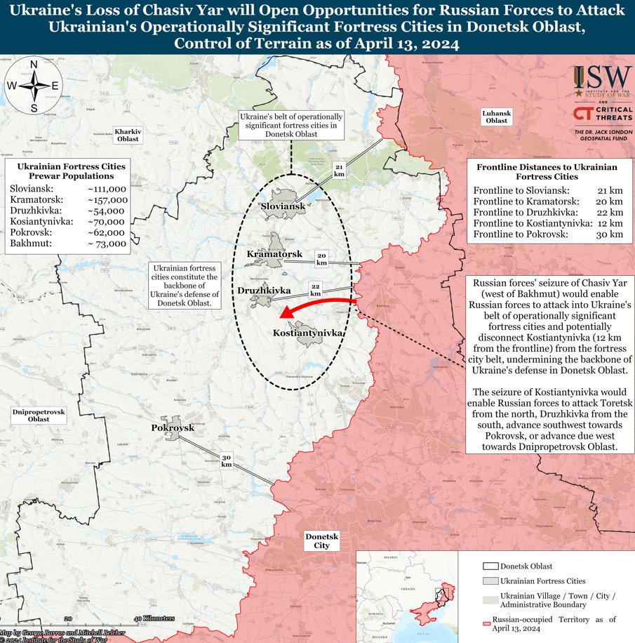 The offensive effort to seize Chasiv Yar offers Russian forces the most immediate prospects for operationally significant advances as the seizure of the town would likely allow Russian forces to launch subsequent offensive operations against the cities that form in effect a