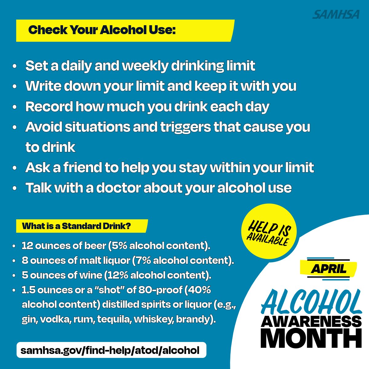 Do you know what is considered a standard drink? 12 oz of beer; 8 oz of malt liquor; 5 oz of wine; 1.5 oz of distilled spirits or liquor are considered standard drinks. Learn more about alcohol use this #AlcoholAwarenessMonth: samhsa.gov/find-help/atod…