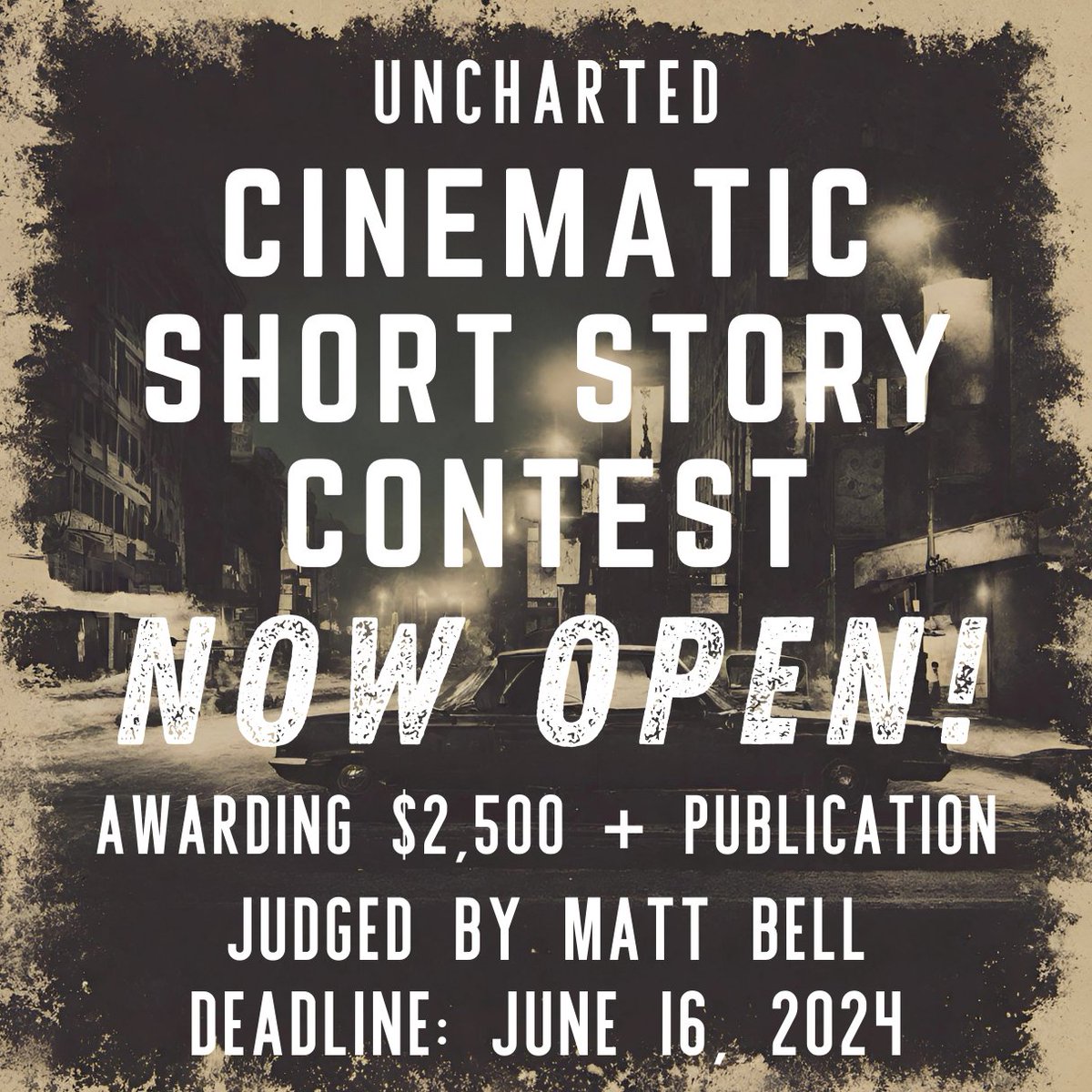 We invite writers to submit to the Uncharted Magazine Cinematic Short Story Contest! Guest Judge @mdbell79 will choose three winning stories. We’re excited to offer the first-place winner of this contest $2,000 and publication. Learn more: unchartedmag.com/uncharted-maga…
