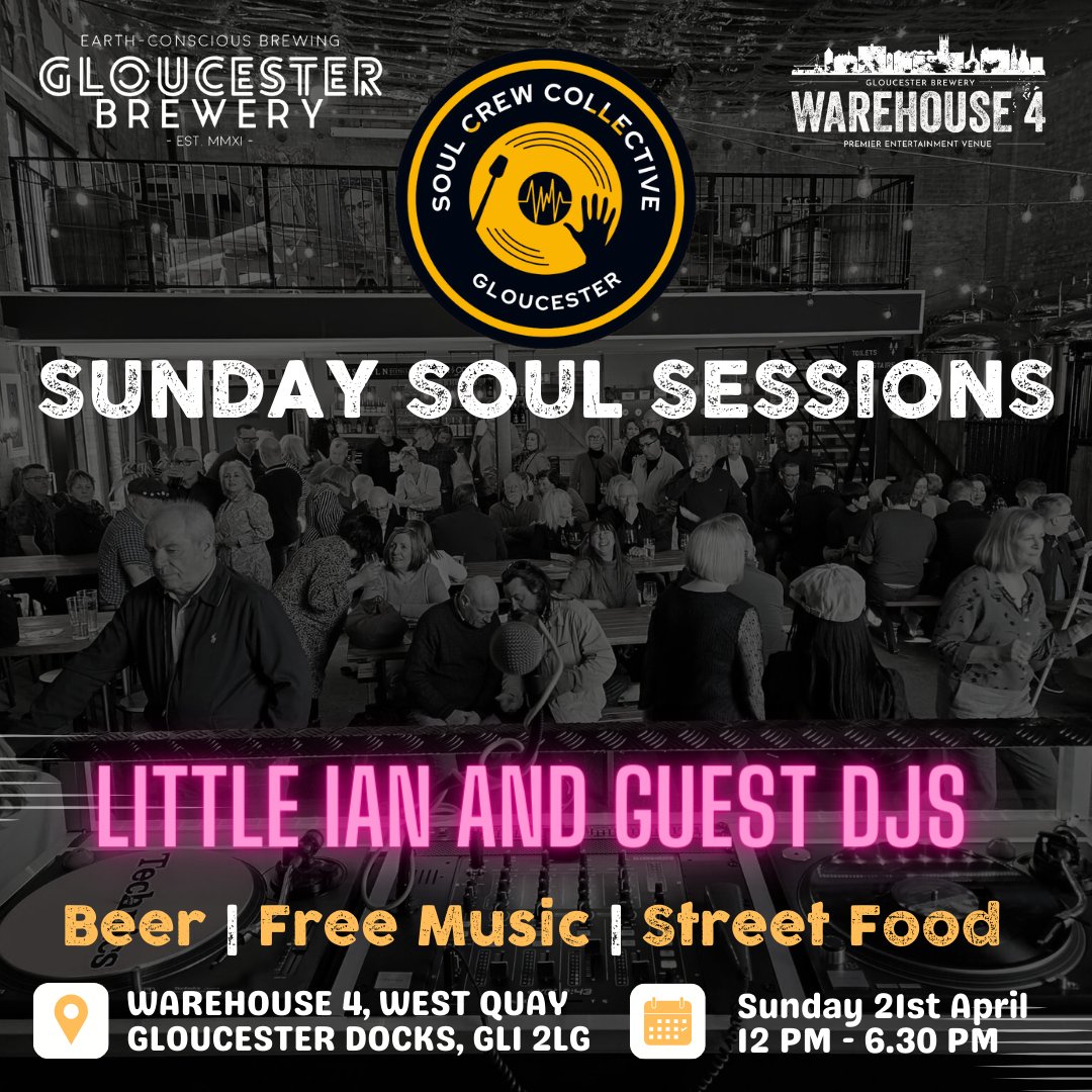 Wind down your weekend with us at Gloucester Brewery’s Warehouse 4 Taproom for Sunday Soul Sessions! 🌅 Little Ian and guest DJs will be spinning soulful tunes from 12-6:30pm. Relax, sip on your favourite drink, and savour street food by Dogs Catering. Perfect Sunday vibes! ✨🎵