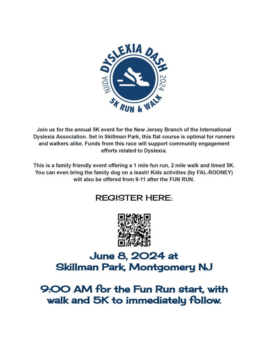 NJIDA is having a DYSLEXIA DASH at Skillman Park in Montgomery, NJ on Saturday, June 8, 2024.