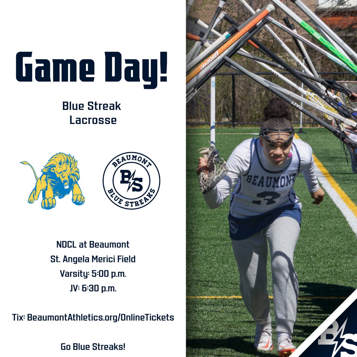 Our lacrosse program is resuming Crown Conference play tonight at home against Notre Dame-Cathedral Latin. Varsity is first at 5:00 p.m. with JV to follow at 6:30 p.m. Tix: BeaumontAthletics.org/OnlineTickets Go Blue Streaks!