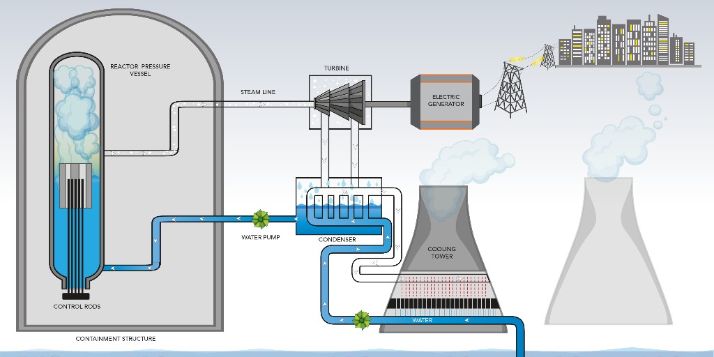 DID YOU KNOW? Boiling water reactors heat water and produce steam directly inside the reactor vessel.  Water is pumped through the reactor core and heated by fission. Pipes then feed the steam directly to a turbine to produce electricity.