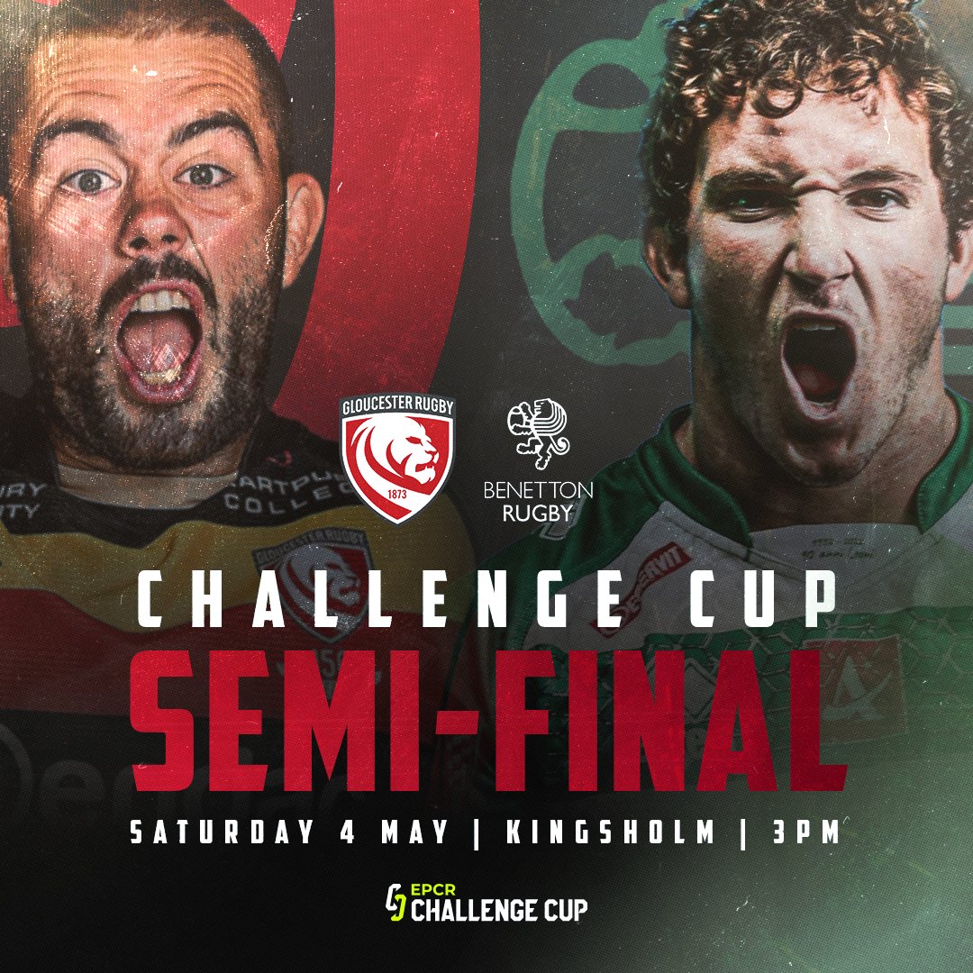 𝗦𝗘𝗠𝗜-𝗙𝗜𝗡𝗔𝗟 𝗖𝗢𝗡𝗙𝗜𝗥𝗠𝗘𝗗 🔐 @ChallengeCup_ have announced that our semi-final fixture against @BenettonRugby will take place on Saturday 4 May, 3pm kick-off. 🎟️ Ticketing information for this game will follow tomorrow. #ChallengeCupRugby