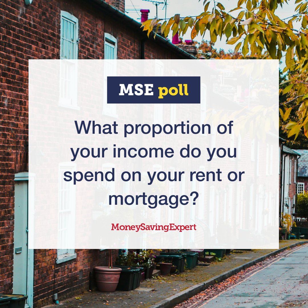 Take what you pay on your mortgage or rent (including any service charges or ground rent, but NOT other bills), and let us know roughly what percentage of your monthly take-home pay/income that is ⬇️ moneysavingexpert.com/poll/2024/what…