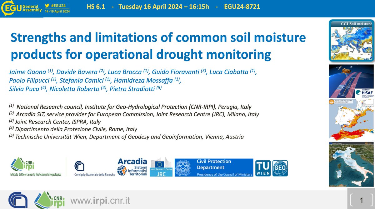 An interesting talk ahead at #EGU24 about the potential of merged #soilmoisture data from #remotesensing active @HydroSAF @eumetsat, passive CCI @esaclimate, and modelled data by #EDO @CopernicusEMS for operational monitoring of #drought. Tue 16.15h room 3.29/30 @Hydrology_IRPI