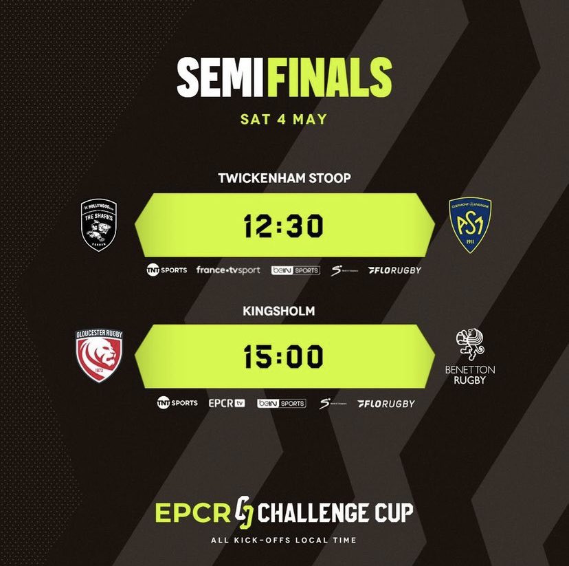 #Officiel les Clermontois se déplaceront au Stoop de Londres le samedi 4 mai à 13h30 (HF) pour leur demi-finale de @ChallengeCup_ face aux @SharksRugby Toutes les informations pratiques pour assister la demi-finale en début de semaine 😉 #YellowArmy