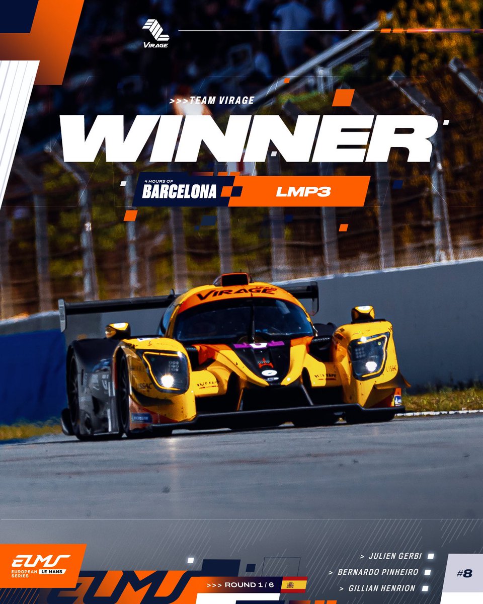 European Le Mans Series (@europeanlms) on Twitter photo A perfect #ELMS debut for the No.8 <a href="/groupvirage/">Virage Group</a> crew. 🏆
The reigning Michelin Le Mans Cup champions Julien Gerbi and Gillian Henrion, along with Bernardo Pinheiro took their first LMP3 win in Barcelona!
#4HBarcelona A perfect #ELMS debut for the No.8 <a href="/groupvirage/">Virage Group</a> crew. 🏆
The reigning Michelin Le Mans Cup champions Julien Gerbi and Gillian Henrion, along with Bernardo Pinheiro took their first LMP3 win in Barcelona!
#4HBarcelona
