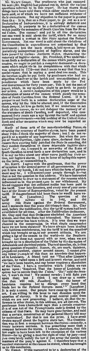 Charleston Mercury Dec 22, 1860 - Maxcy Gregg objects to slavery being the central focus of the SC Declaration of Causes, and wants to include tariffs and unconstitutional expenditures, rather than the 'relatively unimportant' fugitive slave laws.