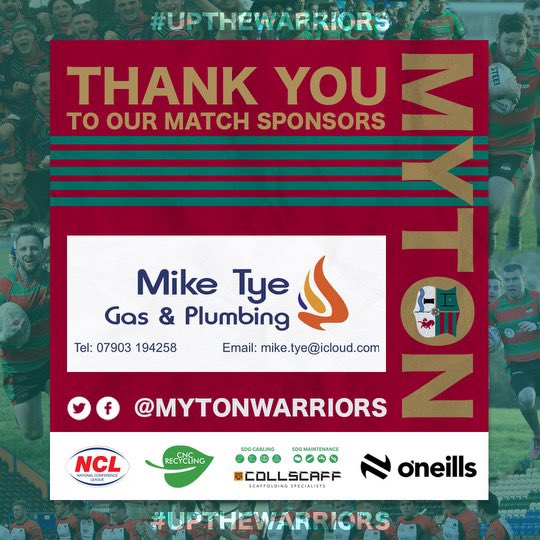 Yesterday’s @OfficialNCL Result:

2024 @OfficialNCL Division 2 

@MytonWarriors 30 - 36 @StJudesOfficial 

MOM: Lee Fewlass

Match Sponsor: Mike Tye Gas & Plumbing

To much to do after going 24-0 down. 

Thanks to all the sponsors👍

🏉🏆❤️💚 #UpTheWarriors #CommunityRL