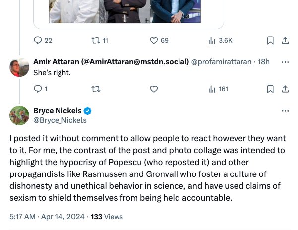 It is absolutely abhorrent to doctor images of tweets, but I am shocked that BN has gone so low as to do this to an esteemed female scientist’s tweet calling out lack of diversity in panels. Doing it with my retweet to show “hypocrisy and dishonesty” is beyond the pale. (1/2)