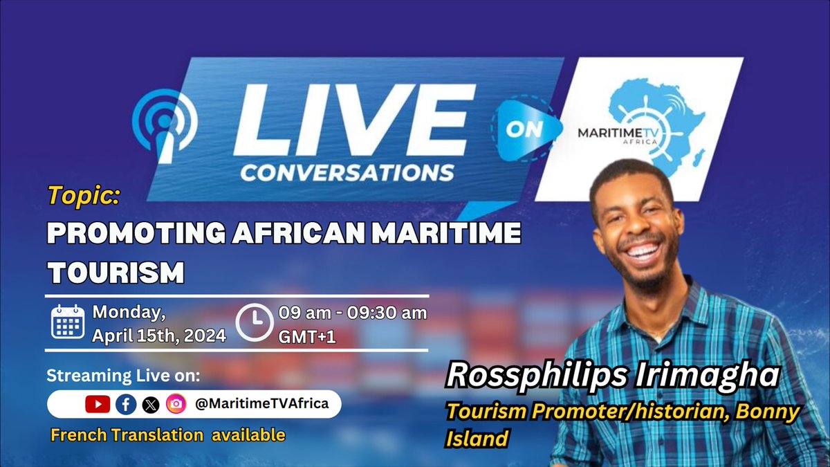 TOPIC: PROMOTING AFRICAN MARITIME TOURISM
DATE: Monday, APRIL 15, 2024 , TIME:  9AM-9.30AM GMT +1
 
 ACCESS LINKS 
 YouTube: t.ly/pNgIo 
 Facebook: t.ly/WMe3_ 
 Twitter: t.ly/OVGvi 
 LinkedIn: t.ly/PK89d