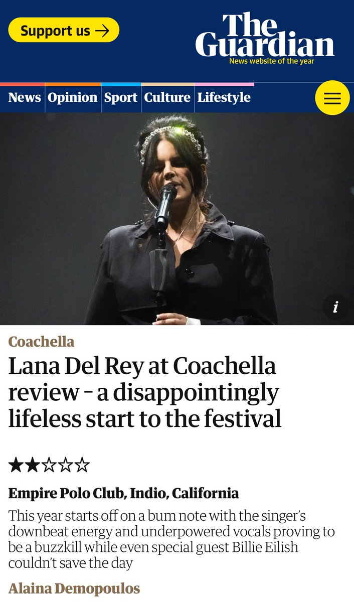 the fact that Lana Del Rey did the best show coachella has witnessed in years, her entrance in a motorcycle was iconic, her vocals were ethereal and her stage presence magnetic, Alaina Demopoulos I don’t know who you are but you should get fired for lying