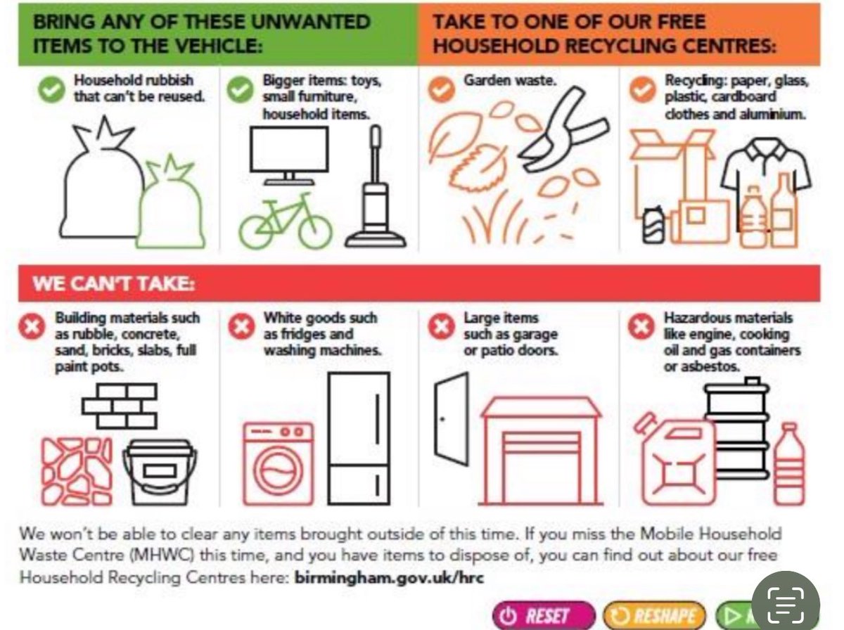 Our fantastic @BhamCityCouncil Mobile Household Waste Centre (MHWC) will be at; Green Lane, Quinton ward, B32 1EP Wyndhurst Road, Glebe Farm and Tile Cross ward, B33 9JW on Monday 15th April between 730am- 1pm for you to dispose of household items for FREE #KeepBrumTidy💚