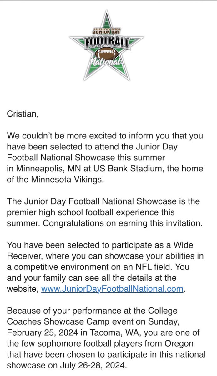 blessed to receive an invitation to the junior day football national showcase God bless!