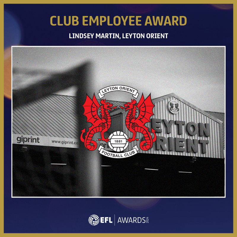 EFL's tweet photo. 🏆 The Club Employee Award is won by @leytonorientfc's Lindsey Martin.

Since first joining Orient in 1996, Lindsey has worked in just about every department! 👏

#EFL | #EFLAwards