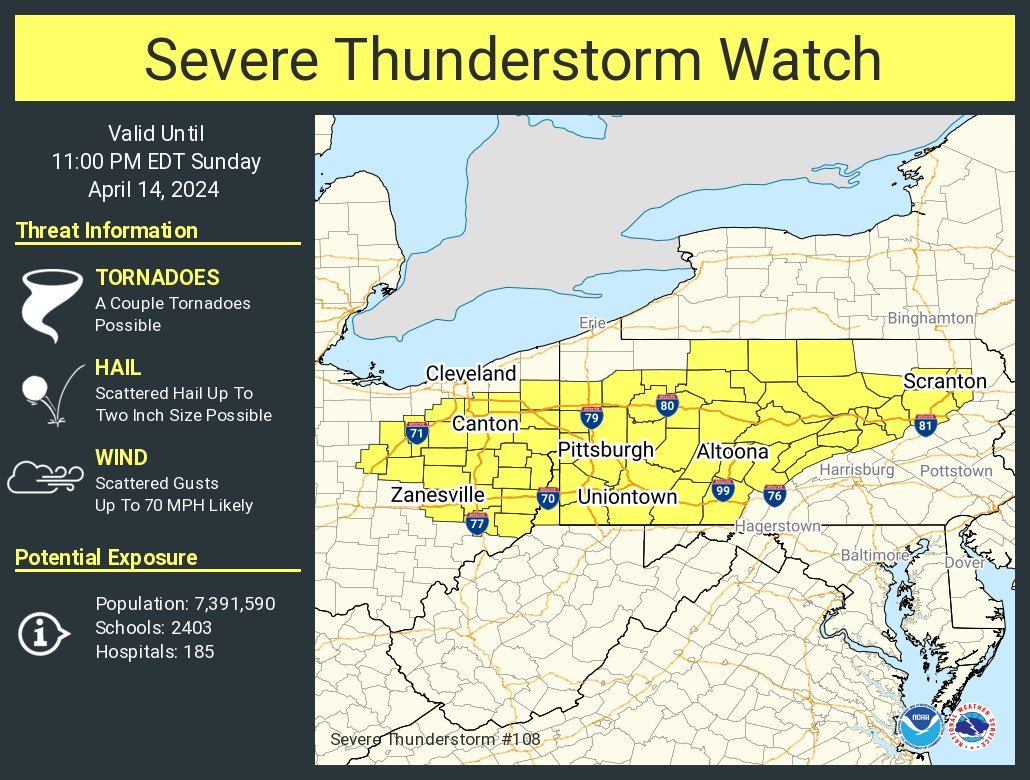 A severe thunderstorm watch has been issued for parts of Ohio, Pennsylvania and West Virginia until 11 PM EDT