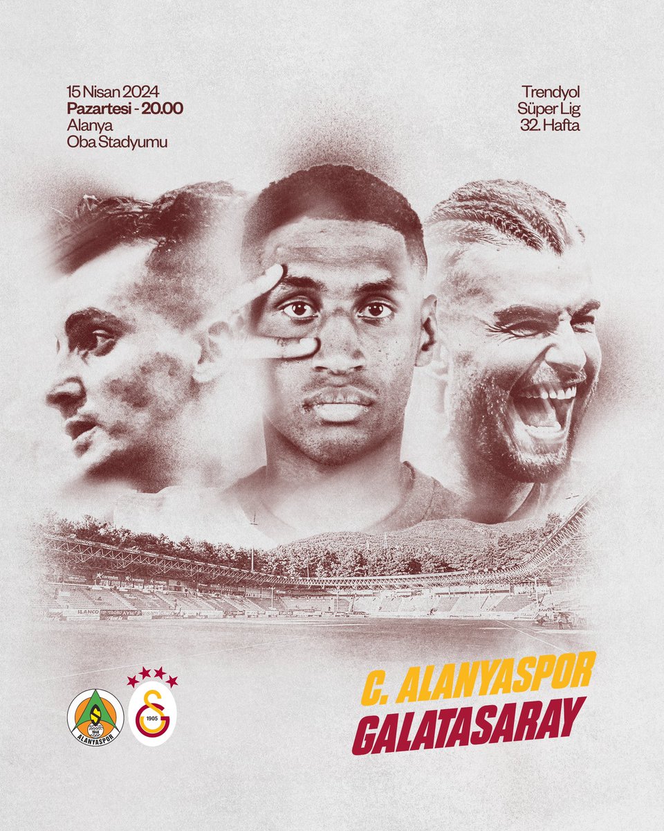 #BugünGünlerdenGALATASARAY 💪 🏆 Trendyol Süper Lig 2023-2024 Sezonu 🗓️ 32. Hafta ⚽ C. Alanyaspor 📆 15.04.2024 ⏰ 20.00 🏟️ Alanya Oba Stadyumu 📲 #ALNvGS