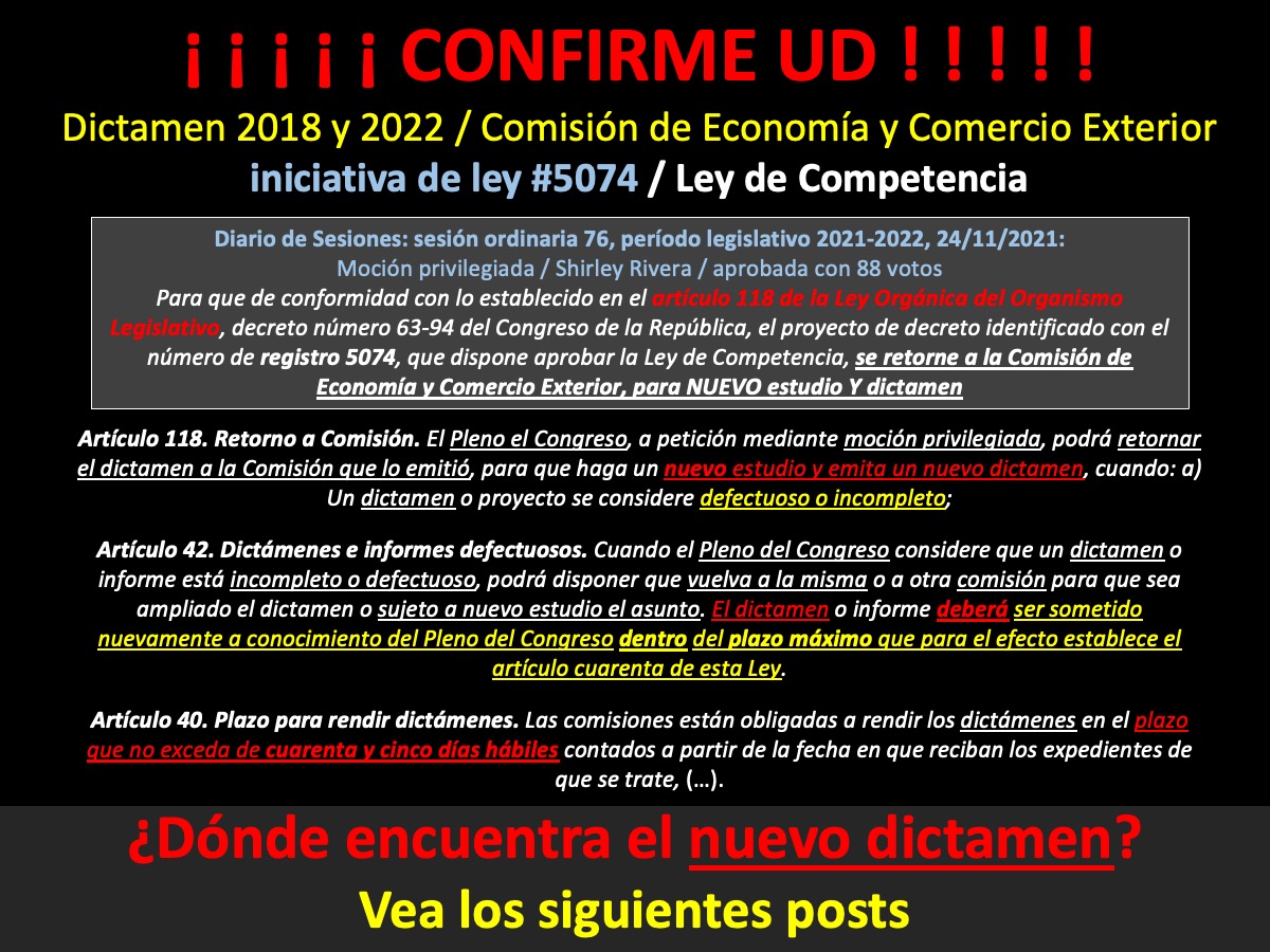 1⃣ Le comparto el comparativo del 'nuevo' y aún DEFECTUOSO e ILEGAL dictamen de la Comisión de Economía y Comercio Exterior #Iniciativa5074 del @CongresoGuate, Ley de Competencia: #GUATEMALA #ULTIMAHORA #AHORA #BREAKINGNEWS Les recomiendo verlo todo, es lo mismo de 2018!