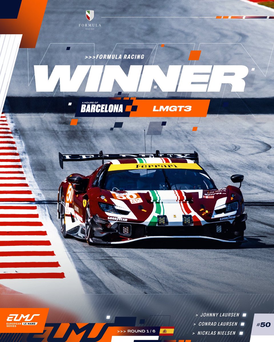 The Formula Racing crew of Johnny Laursen, Conrad Laursen and Nicklas Nielsen made #ELMS history by becoming the first team to win in LMGT3. 🏆 #ELMS #4HBarcelona