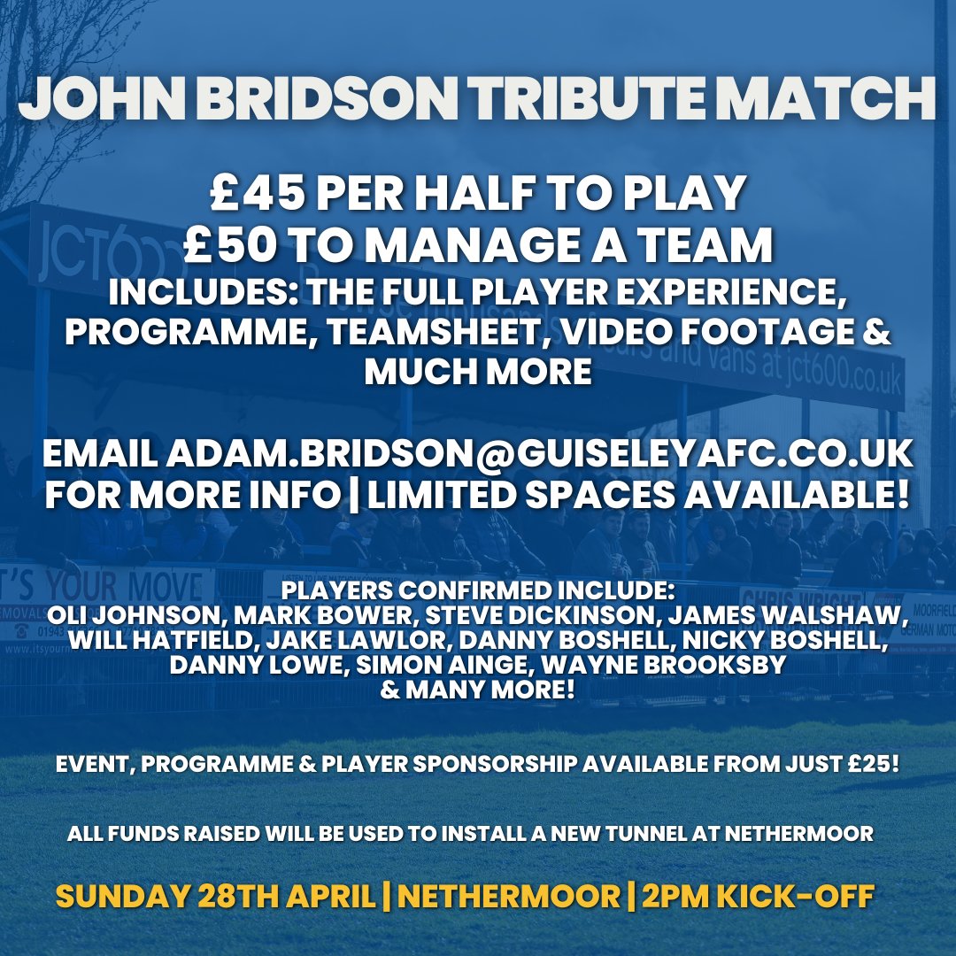 💙 | It's set to be an amazing tribute to a giant of a man. We're looking forward to the John Bridson Tribute Match Nethermoor with several Lions legends coming back to play and ways for YOU to get involved: guiseleyafc.co.uk/get-the-full-p… #GAFC #GuiseleyTogether