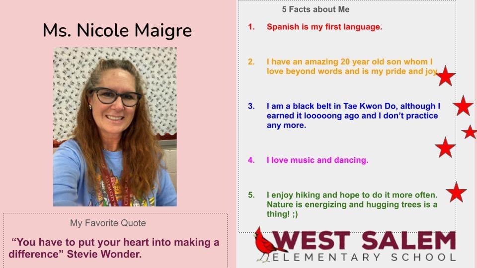 Today is the opportunity to spotlight our beloved WSES Special Education Teacher, Ms. Nicole Maigre.  Ms. Maigre loves our Cardinals so much, and she has been teaching us about Autism!

Go to autismspeaks.org/world-autism-m… to learn more!