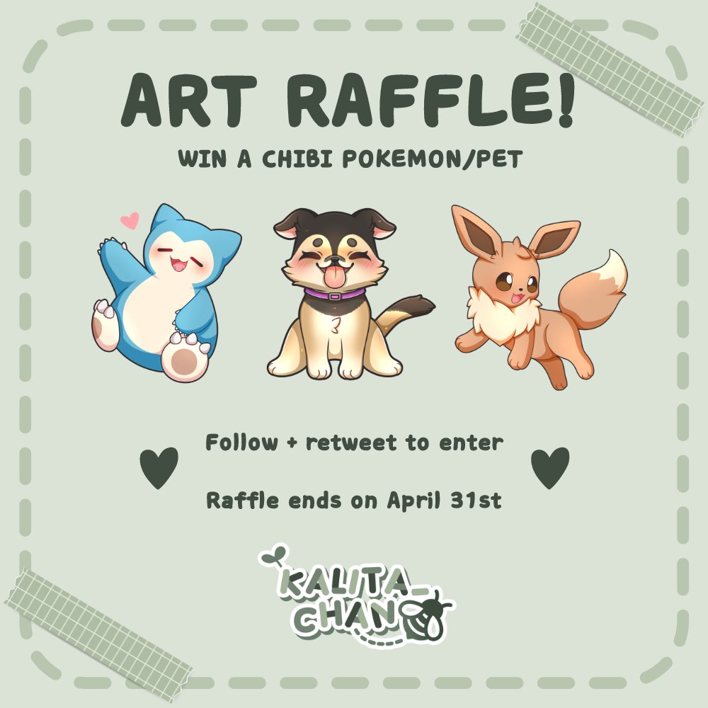 kalita_chan's tweet photo. Hi cutieeeessss •⩊• 

You can win a chibi pokémon/pet! ~ 

What would you choose if you win? Tell me in the comments 💜
  
✨Follow + retweet to enter ✨ 
✨Raffle ends on April 31st ✨

Good luck to everyoneeeeeee (૭ ｡•̀ ᵕ •́｡ )૭ https://t.co/fq0PbjW7SK
