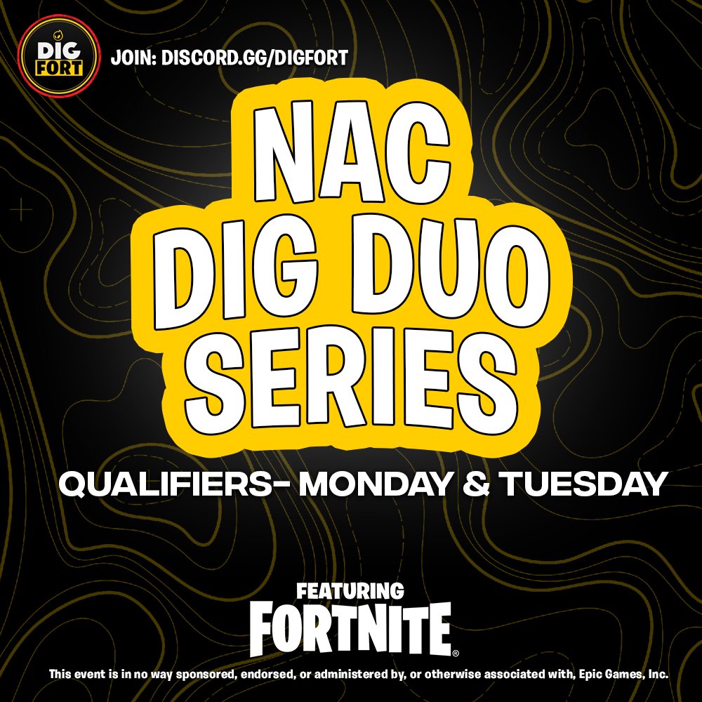 ⛏️Warmup for FNCS Week 2! 🏆NAC DIG DUO Series 2🏆 💰Compete for $1000 USD 📅Qualifier 1: Monday 8:00pm EST 📅Qualifier 2: Tuesday 8:00pm EST 📅Final: Thursday 8:00pm EST Register: 📌RT & Reply with duo 📌Follow @DignitasFN @DIGFort 📌Join Discord: discord.gg/digfort