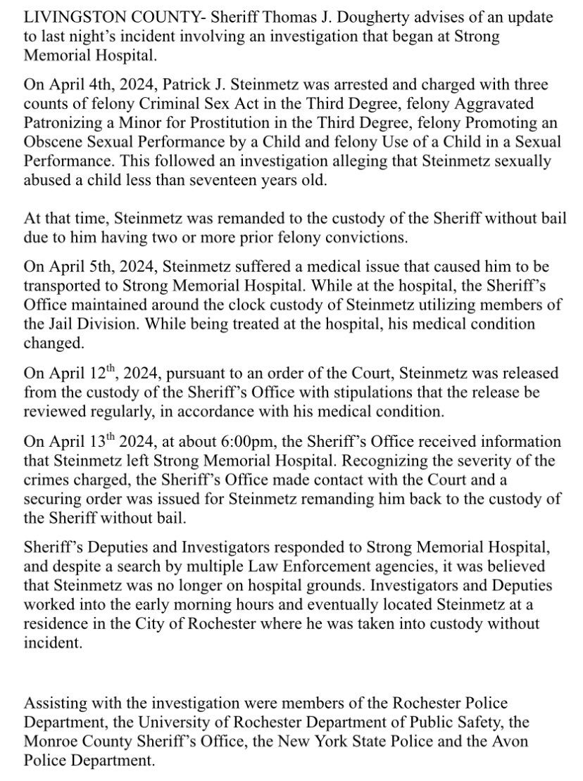 BREAKING: from the Livingston Cty Sheriff regarding last night’s police presence at Strong hospital. @news10nbc