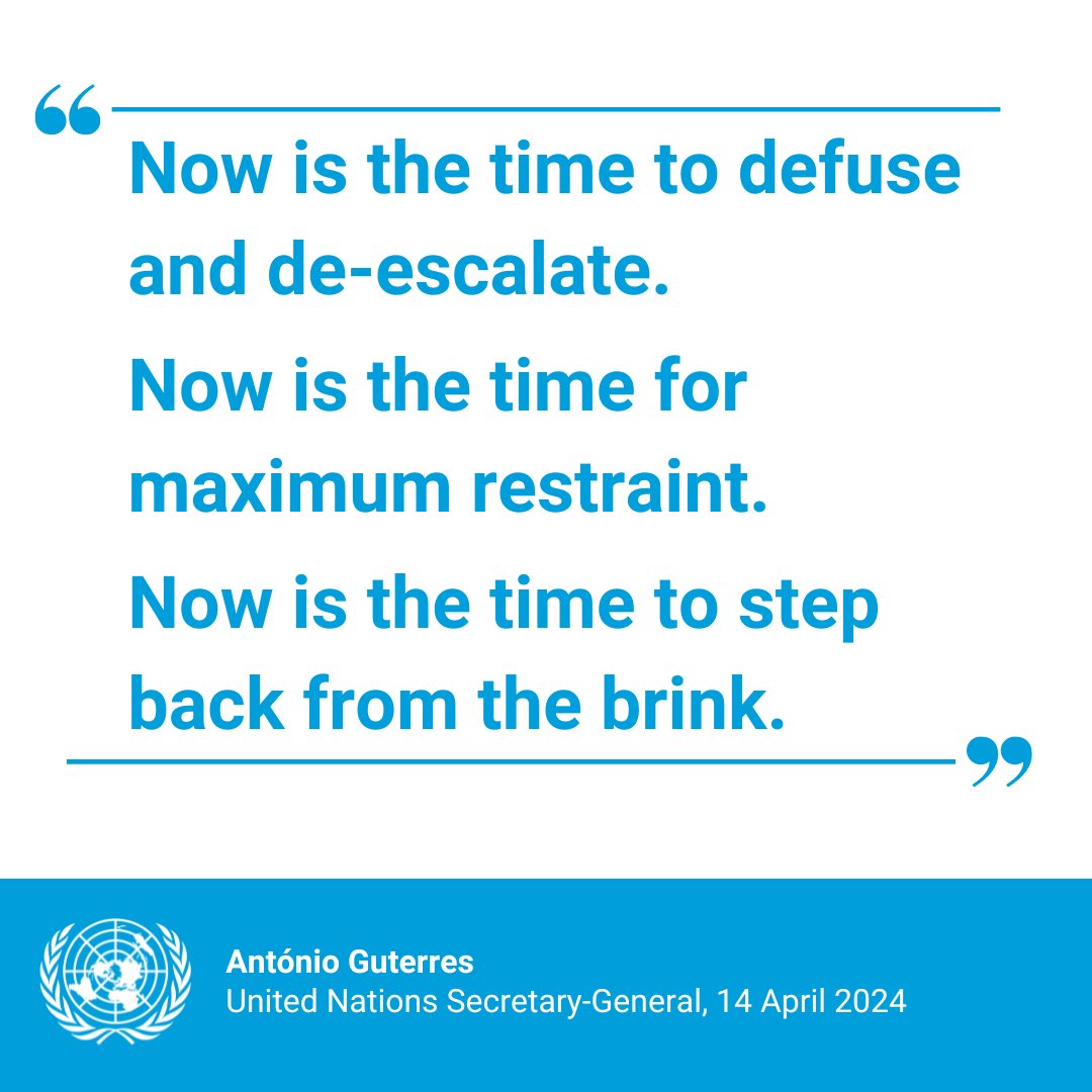 'Now is the time to defuse & de-escalate. Now is the time for maximum restraint. Now is the time to step back from the brink.' -- @antonioguterres told Sunday's emergency Security Council session on the Middle East. un.org/sg/en/content/…