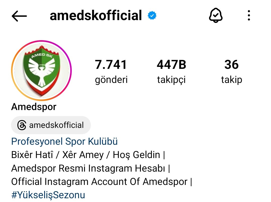 Amedspor resmi instagram hesabı 447 bin takipçi'ye ulaşarak Adanademirspor'u geçti . • Galatasaray: 15.2M •Fenerbahçe: 10 M •Beşiktaş: 6.4 M •Trabzonspor: 1.2 M •Amedspor: 447 K •Adana Demirspor: 446 K •Samsunspor: 311 K •Bursaspor: 251 K #Amedspor