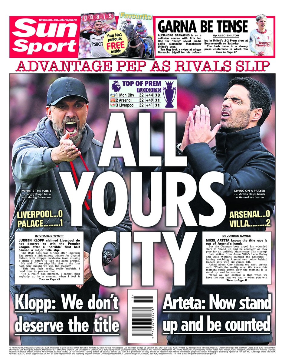 Here's how tomorrow's @SunSport back page looks: ALL YOURS CITY: Jurgen Klopp says Liverpool now don't deserve to win PL, as title race slips out of Arsenal's hands too as Man City go top with 6 games left