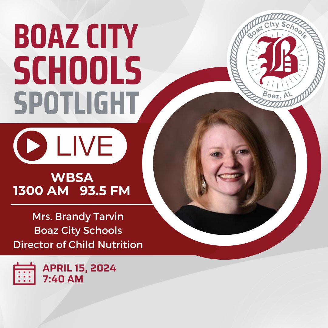 Kickstart your day with the Pirates! 🏴‍☠️🎙️ Join us for the Boaz City Schools Spotlight, tomorrow morning at 7:40 AM on WBSA 1300AM and 93.5 FM. Tomorrow's speaker will be Mrs. Brandy Tarvin, Director of the Child Nutrition Program at Boaz City Schools! #AnchoredInExcellence