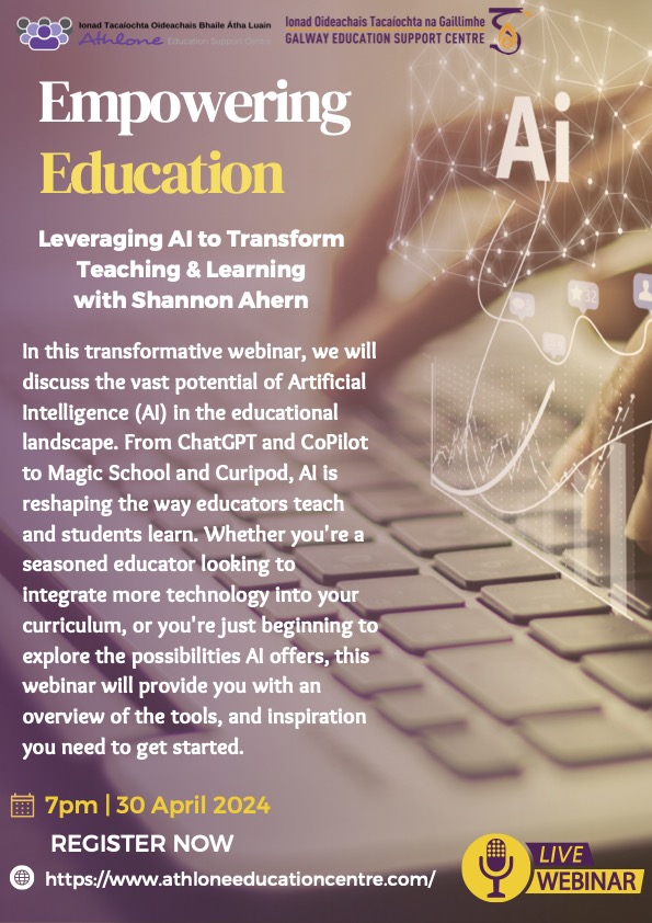 Unleash the power of AI in your classroom! 🚀 Join the 'Empowering Education' webinar with Shannon Ahern to learn how AI can revolutionize teaching & learning. 📆 April 30th at 7pm. Discover AI tools from ChatGPT to Magic School that will transform your approach to education.