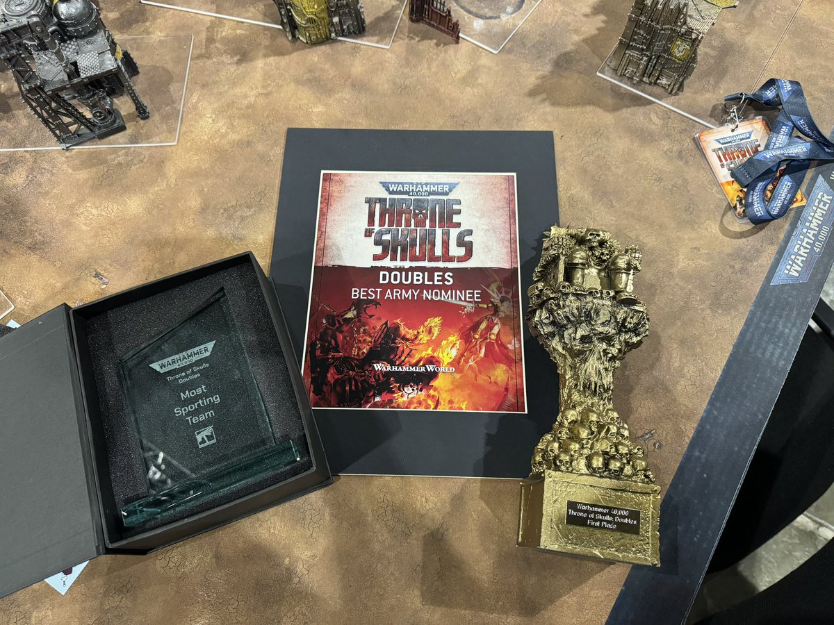 Flabbergasted to have come 1st overall at Throne of Skulls 40K Doubles this weekend with @olliefox89. Thanks to all of our opponents for making this so… We had 5 great games against 5 great teams. The winner was Warhammer but the trophies really were the icing on the cake!