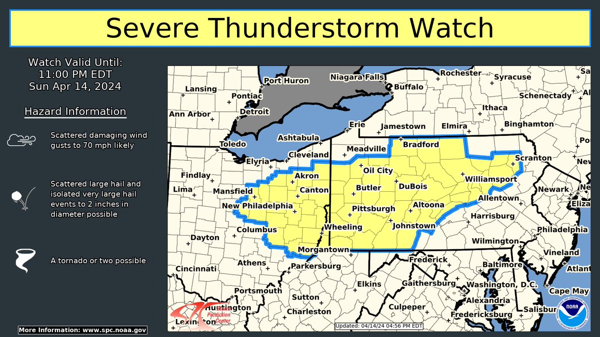 A severe thunderstorm watch has been issued for portions of eastern OH and western to central PA until 11 PM EDT. The primary hazards will be strong to severe winds and large hail (possibly up to 2' in diameter).