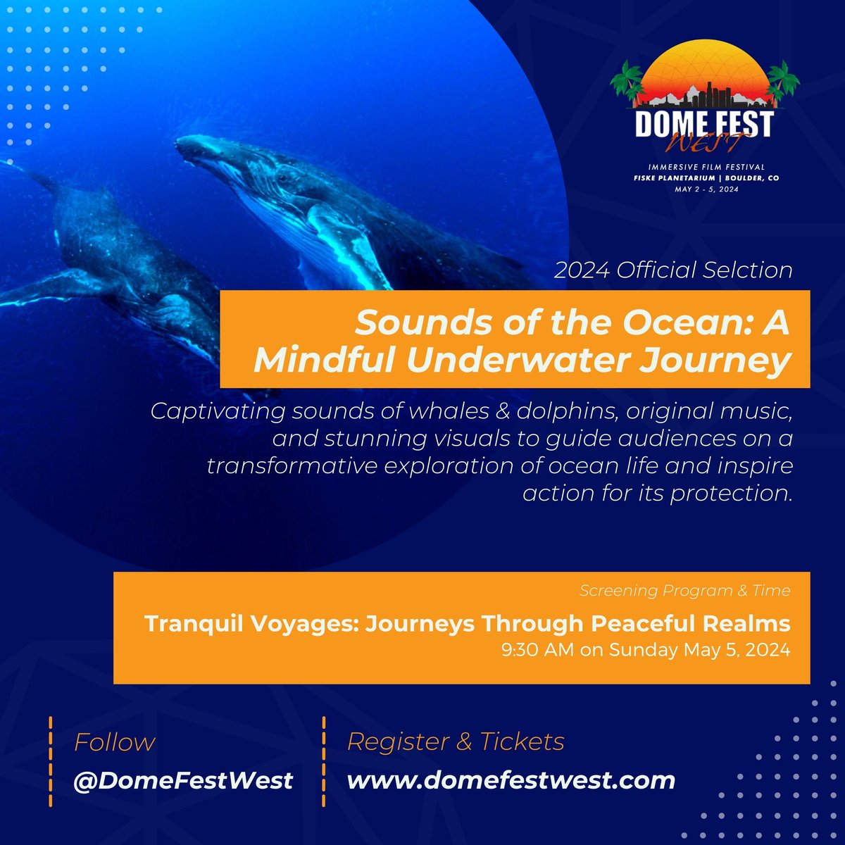 🐋 Dive into 'Sounds of the Ocean: A Mindful Underwater Journey' at #DomeFestWest 2024! 🎥 Experience the underwater world with directors Joshua Sam Miller & Elise Lein. Be mesmerized on May 5, 2024, at 9:30 AM PDT. #MindfulFilm #OceanExploration #MustSee #FilmFestival